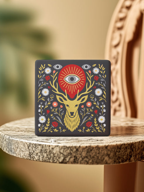 Square ceramic coaster, 4x4 inches, with cork backing. Charcoal tile showcases a golden stag head with antlers, surrounded by florals and an all-seeing eye in red and gold. Smooth printed surface; bold folk-art style. Witchy occult deer coaster for dark academia décor, bar cart, or living room. Square ceramic drink coaster with cork base, stag and eye design.